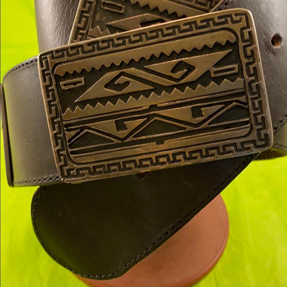 Ginnie Johansen Leather Belt w- Aztec Ornaments
